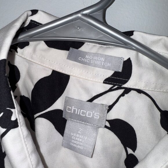 Chicos No-Iron Chic Stretch Black & White Floral 3/4 Sleeve Button-Up Size 12 - Picture 4 of 7